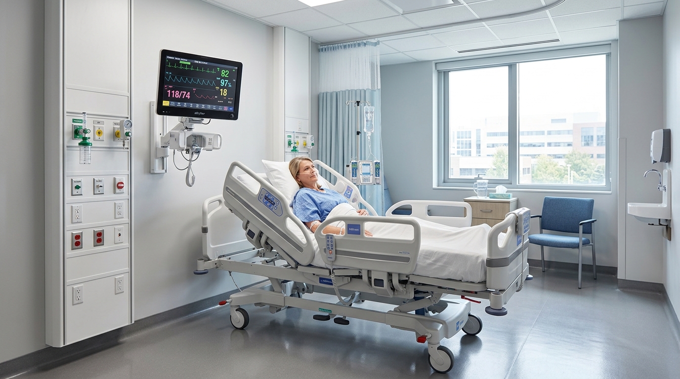 Modern hospital ICU patient bed with vital sign monitor